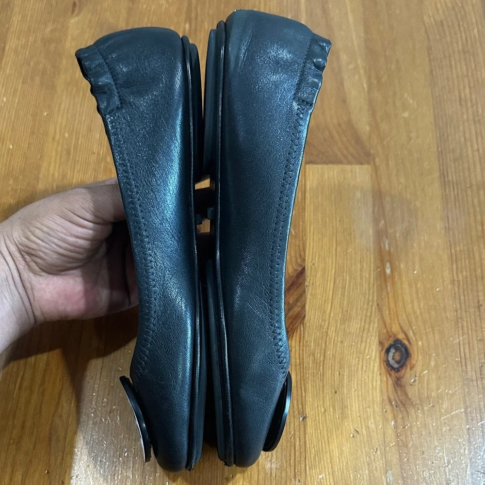 Tory Burch Black Leather Flats with Logo Size 5.5